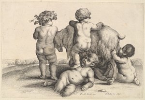 Fire gutter, en ung satyr og en geit, 1647. av Wenceslaus Hollar