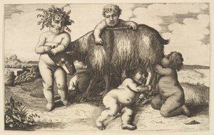 Fire gutter, en ung satyr og en geitekopi omvendt, 1600-tallet. av Wenceslaus Hollar