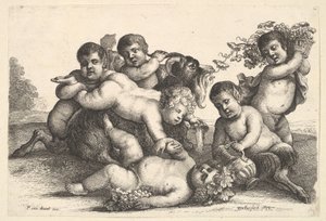 Fire gutter, to satyrer og en geit, 1654. av Wenceslaus Hollar