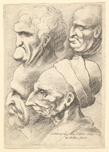 Fire groteske hoder i profil til venstre, 1625-77. av Wenceslaus Hollar