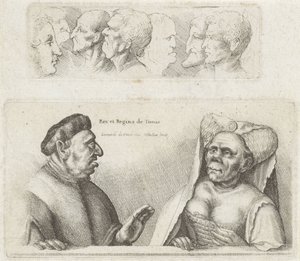 Frisisk med studiehoder / karikaturer av kongen og dronningen av Tunisia Rex et Regina de Tunis (tittel på objekt) Varie figurae et probae (serietittel) Karikaturer, hoder og misdannelser etter Leonardo da Vinci (serietittel)
