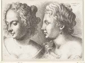 Hoder til to unge kvinner Varie figurae et probae (serietittel) Karikaturer, hoder og misdannelser etter Leonardo da Vinci (serietittel) av Wenceslaus Hollar