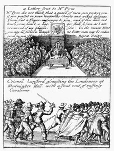 John Pym leser opp et brev i Underhuset; Oberst Thomas Lunsford og soldatene hans angriper londonere av Wenceslaus Hollar