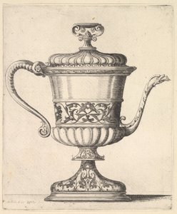 Kanne med lokk, gravert med arabeskmønster, den smale tuten til høyre ender på snak..., 1625-77. av Wenceslaus Hollar