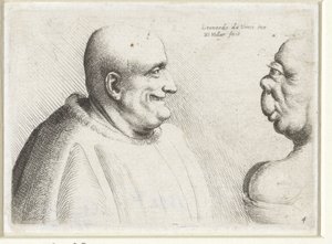 Hoder til en stor skallet mann og grotesk kvinne Varie figurae et probae (serietittel) Karikaturer, hoder og misdannelser etter Leonardo da Vinci (serietittel) av Wenceslaus Hollar