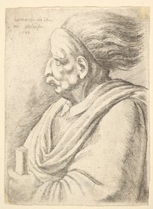 Mann med karikerte trekk og hår som strømmer bak, i halv lengde til venstre, 1648. av Wenceslaus Hollar