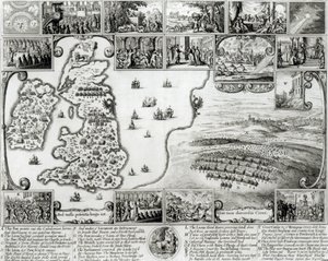 Kart over borgerkrigen England og utsikt over Praha, 1632