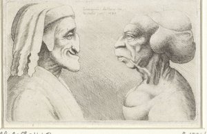 Deformerte karikaturhoder av en mann med hatt (Dante?) og en kvinne Varie figurae et probae (serietittel) Karikaturer, hoder og misdannelser etter Leonardo da Vinci (serietittel) av Wenceslaus Hollar