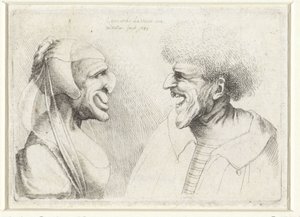 Deformerte hoder til en smilende mann og kvinne med hodehette Varie figurae et probae (serietittel) Karikaturer, hoder og misdannelser etter Leonardo da Vinci (serietittel) av Wenceslaus Hollar