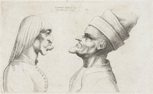 Deformerte hoder til en kvinne med rett hår og en mann med dobbelbremmet hatt Varie figurae et probae (serietittel) Karikaturer, hoder og misdannelser etter Leonardo da Vinci (serietittel) av Wenceslaus Hollar