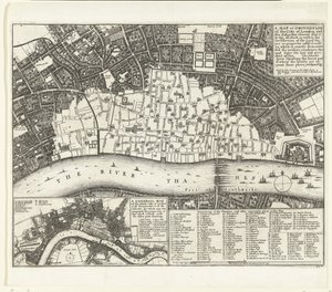 Kart over London etter den store brannen i 1666 Et kart eller grunnplott over City of London and the Suburbes (...) (tittel på objekt)