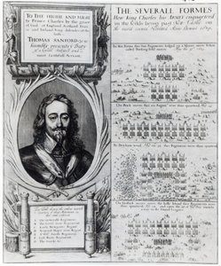 Portrett av kong Charles I med diagrammer som viser dannelsen av troppene hans under bispekrigen, ca. 1639 av Wenceslaus Hollar