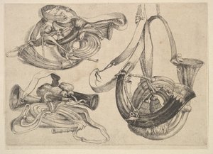 Syv jakthorn i tre grupperinger, 1625-77. av Wenceslaus Hollar