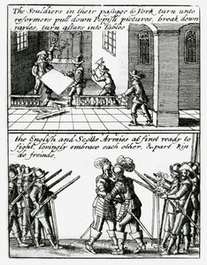 Soldater ødelegger religiøse bilder i en kirke; Engelske og skotske soldater omfavner av Wenceslaus Hollar