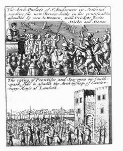 Erkeprelaten til St. Andrews forkynner i Skottland; oppgang av lærlinger og sjømenn ved Lambeth Palace av Wenceslaus Hollar