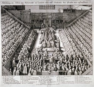 Rettsaken mot Thomas Wentworth, jarl av Strafford, Westminster Hall, London, 1641. av Wenceslaus Hollar