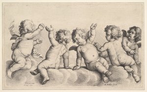Tre kjeruber og to gutter på skyer, 1620-77. av Wenceslaus Hollar