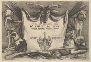Tittelblad med hunder og jaktutstyr, 1646. av Wenceslaus Hollar