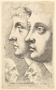 To ungdommer i profil til venstre med to groteske hoder vendt mot hverandre under, 1625-77. av Wenceslaus Hollar