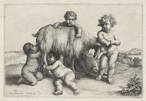 Fire gutter, en satyr og en geit som står til høyre Putti and Satyrs (serietittel) av Wenceslaus Hollar