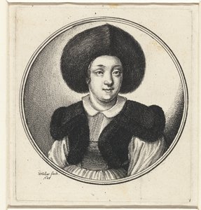 Kvinne med pelslue Kvinnebyster i runde rammer (serietittel) av Wenceslaus Hollar