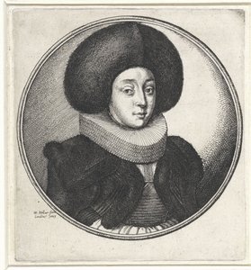 Kvinne med volangkrage og stor pelslue Medaljonger med kvinnebyster (serietittel) av Wenceslaus Hollar