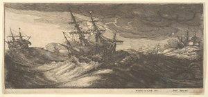 Krigsskip og en sprutende hval, 1665. av Wenceslaus Hollar