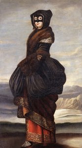 Vinter: En dame, i full lengde, i eksotisk kostyme, iført en maske, i et landskap av Wenceslaus Hollar