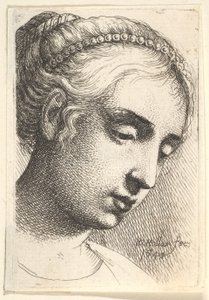 Kvinne med perlesnor i håret ser nedover til høyre, 1645. av Wenceslaus Hollar