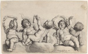 Tre kjeruber og to gutter løfter hver sin arm på skyene av Wenceslaus Hollar, after Peeter van Avont
