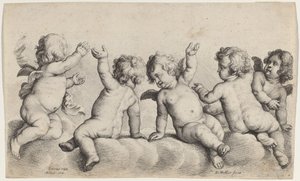 Tre kjeruber og to gutter på skyene av Wenceslaus Hollar, after Peeter van Avont