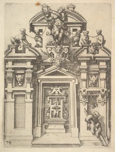 Design for en arkitektonisk struktur med et jakttema, plate 74 fra Dietterlin