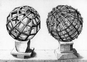 Perspektivillustrasjon, to kuler, gravering fra Perspectiva Corporum Regularium, av Wentzel Jamnitzer (1508-1585), Nürnberg av Wenzel I Jamnitzer