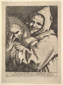Fool med en jente som ser gjennom fingrene hennes. av Werner Jacobsz. van den Valckert