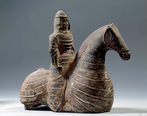 Kinesisk kunst: statuett av rytter i rustning (206 f.Kr.-220 e.Kr.), Han-perioden. Paris-museet Cernuschi