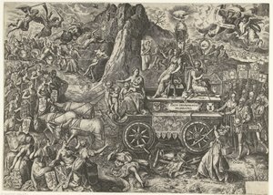 De triumphwagen van de vrede, 1577 Tegning av en triumferende fred (tittel på objekt) av Wierix