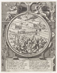 Bourses tropper utviser de tyske soldatene fra Treslong og Merville fra citadellet, 1577 Medaljonger med erobringen av citadellet i Antwerpen i 1577 (serietittel) av Wierix