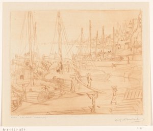 Fortøyde skip på bredden av Ganges i Benares Ships Lossing II (original tittel) av Wijnand Otto Jan Nieuwenkamp (signed by artist)