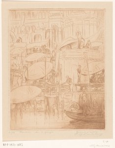 Menn og kvinner som bader og ber på bredden av Ganges i Benares Bading og bønn (original tittel) On the Ganges (tittel på objekt) av Wijnand Otto Jan Nieuwenkamp (signed by artist)