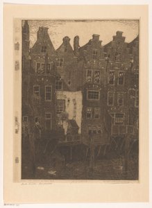 Hus ved Voorstraathaven i Dordrecht Kanalen, Dordrecht (original tittel) Gamle hus, Dordrecht (tittel på objekt) av Wijnand Otto Jan Nieuwenkamp (signed by artist)