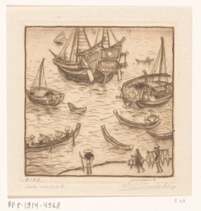 Skip i en bukt på østkysten av Lombok The Departure, Lombok (original tittel) av Wijnand Otto Jan Nieuwenkamp (signed by artist)