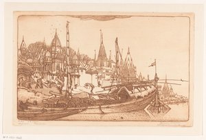 Skip med ved på bredden av Ganges i Benares Skip med ved, Benares (original tittel) Skip, Benares (tittel på objekt) av Wijnand Otto Jan Nieuwenkamp (signed by artist)