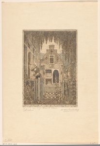 Kvinne i tradisjonell kjole banker på en inngangsdør i Edam Ved inngangsdøren (original tittel) Inngangen til huset mitt i Edam (tittel på objekt) av Wijnand Otto Jan Nieuwenkamp (signed by artist)
