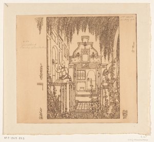 Kvinne i tradisjonell kjole banker på en inngangsdør i Edam Ved inngangsdøren (original tittel) av Wijnand Otto Jan Nieuwenkamp (signed by artist)