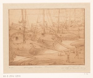 Fortøyde skip på bredden av Ganges i Benares Lossing av skip (original tittel) av Wijnand Otto Jan Nieuwenkamp