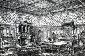 Design for en gotisk spisestue, publisert i The House-Furnisher & Decorator, 1. september 1872 av Wilberforce Haddon