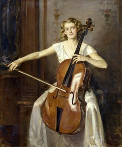 Portrett av Florence Hooton som spiller cello. Av Wilfred de Glehn
