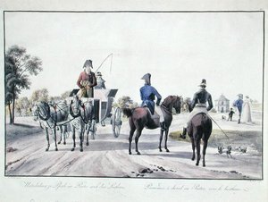 Riding i Prater Park, Wien, gravert av Adam von Bartsch (1757-1821) 1804 (farget gravering) av Wilhelm Alexander (after) Kobell