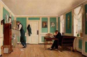 Interiør fra Amaliegade. Kaptein Carl Ludvig Bendz stående og Dr. Jacob Christian Bendz sittende