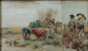 Dobbeltbilde: kyr på beitet, to bønder snakker av Wilhelm Busch
